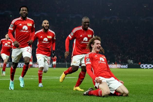 12.12.2023, xtgx, Fussball UEFA Champions League, Union Berlin - Real Madrid emspor, v.l. Torjubel nach dem Tor zum celebrating the goal celebrate 2:2 durch Alex Kral (1. FC Union Berlin) (DFL DFB REGULATIONS PROHIBIT ANY USE OF PHOTOGRAPHS as IMAGE SEQUENCES and or QUASI-VIDEO) Berlin