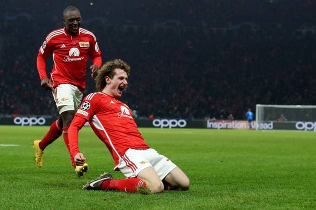 12.12.2023, xtgx, Fussball UEFA Champions League, Union Berlin - Real Madrid emspor, v.l. Torjubel nach dem Tor zum celebrating the goal celebrate 2:2 durch Alex Kral (1. FC Union Berlin) (DFL DFB REGULATIONS PROHIBIT ANY USE OF PHOTOGRAPHS as IMAGE SEQUENCES and or QUASI-VIDEO) Berlin