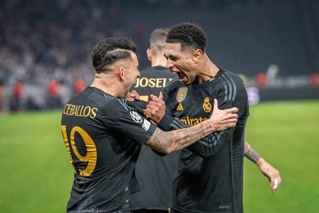 UEFA Champions League: 1. FC Union Berlin vs Real Madrid. Berlin, 12.12.2023 Jubel zum 3:2 durch Dani Ceballos (Real Madrid, 19), Jude Bellingham (Real Madrid, 5) UEFA Champions League: 1. FC Union Berlin vs Real Madrid, Olympiastadion, Berlin, 12.12.2023 Copyright: xBEAUTIFULxSPORTS LucianoxLimax