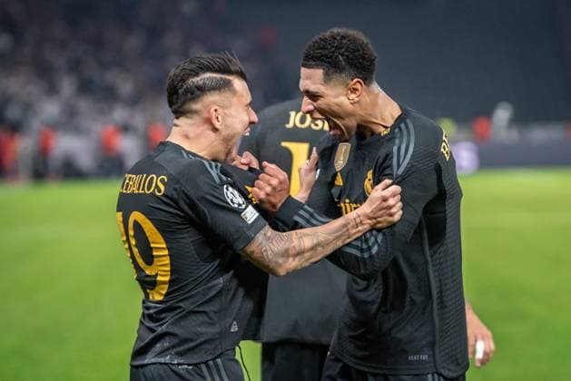 UEFA Champions League: 1. FC Union Berlin vs Real Madrid. Berlin, 12.12.2023 Jubel zum 3:2 durch Dani Ceballos (Real Madrid, 19), Jude Bellingham (Real Madrid, 5) UEFA Champions League: 1. FC Union Berlin vs Real Madrid, Olympiastadion, Berlin, 12.12.2023 Copyright: xBEAUTIFULxSPORTS LucianoxLimax