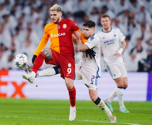 FCK s Kevin Diks and Galatasaray s Mauro Icardi during the Champions League match between FC Copenhagen - Galatasaray SK in Parken, Tuesday 12 December 2023. (Photo: Liselotte Sabroe Ritzau Scanpix) , Copenhagen Denmark