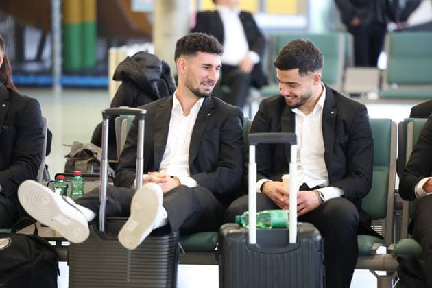SOCCER - UEFA EL, Sporting vs Sturm LISBON,PORTUGAL,13.DEC.23 - SOCCER - UEFA Europa League, group stage, Sporting CP vs SK Sturm Graz, preview, departure Sturm. Image shows Alexandar Borkovic and Jusuf Gazibegovic (Sturm).  GEPAxpictures xChrisxBauer