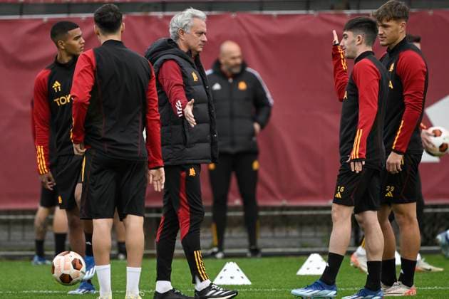 Jose Mourinho coach of AS Roma (c) wave the players during the team training the day before the Europa League Group G football match between AS Roma and Sheriff at Fulvio Bernardini sporting center in Rome (Italy), December 13rd, 2023. andreaxstaccioli