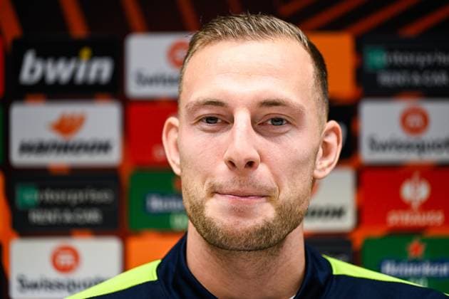 Union s Gustaf Nilsson pictured during a press conference, PK, Pressekonferenz of Belgian soccer team Royale Union Saint Gilloise, on Wednesday 13 December 2023 in Brussels. The team is preparing for tomorrow s game against English club Liverpool FC, on day 6 of the group phase of the UEFA Europa League competition, in group E. LAURIExDIEFFEMBACQ  x82229259x