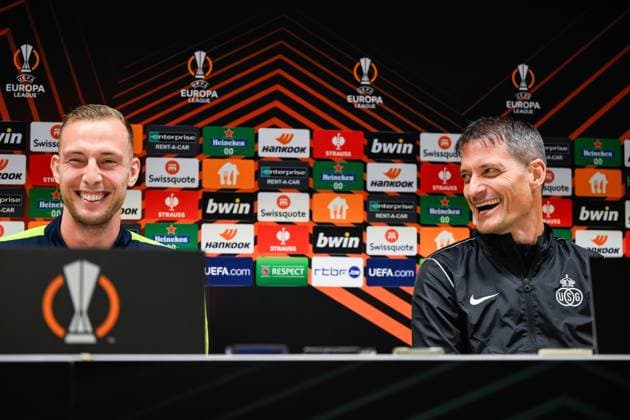 Union s Gustaf Nilsson and Union s head coach Alexander Blessin pictured during a press conference, PK, Pressekonferenz of Belgian soccer team Royale Union Saint Gilloise, on Wednesday 13 December 2023 in Brussels. The team is preparing for tomorrow s game against English club Liverpool FC, on day 6 of the group phase of the UEFA Europa League competition, in group E. LAURIExDIEFFEMBACQ  x82229296x
