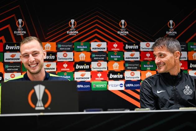 Union s Gustaf Nilsson and Union s head coach Alexander Blessin pictured during a press conference, PK, Pressekonferenz of Belgian soccer team Royale Union Saint Gilloise, on Wednesday 13 December 2023 in Brussels. The team is preparing for tomorrow s game against English club Liverpool FC, on day 6 of the group phase of the UEFA Europa League competition, in group E. LAURIExDIEFFEMBACQ  x82229324x
