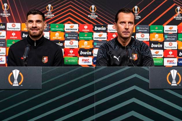 CP Stade Rennais F.C PHOTOPQR OUEST FRANCE Philippe RENAULT ; Rennes ; 13 12 2023 ; UEFA. Europa League. Phase de groupe. Football. Conférence de presse du Stade Rennais F.C. qui affrontera ce jeudi 14 décembre le Villarreal CF. En présence de Martin Terrier et Julien Stéphan, entraineur de Rennes. Photo Philippe RENAULT Ouest-France dec 13th 2023. press conference, PK, Pressekonferenz of Stade Rennais F.C, a day before its UEFA match against Villerreal FC Rennes France  Copyright: xPHOTOPQR OUESTxFRANCE MAXPPPxPhilippexRENAULTx 20231213OFR4348 20231213OFR4348