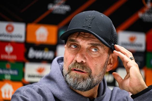 Liverpool s head coach Jurgen Klopp pictured during a press conference, PK, Pressekonferenz of English club Liverpool FC, on Wednesday 13 December 2023 in Brussels. The team is preparing for tomorrow s game against Belgian soccer team Royale Union Saint Gilloise, on day 6 of the group phase of the UEFA Europa League competition, in group E. LAURIExDIEFFEMBACQ  x82269710x