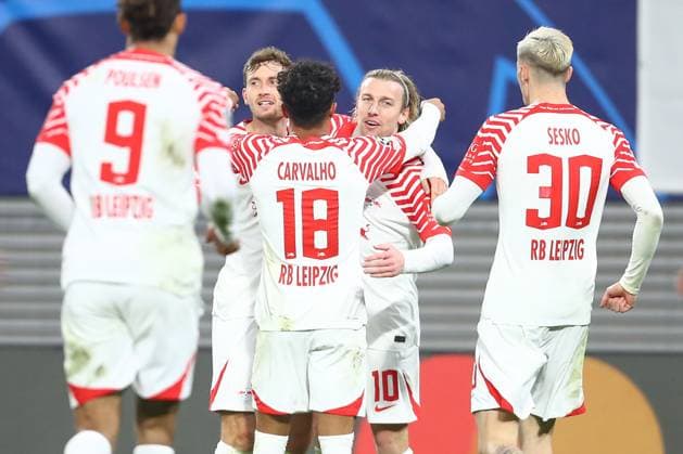 13.12.2023, xtgx, Fussball UEFA Champions League, RB Leipzig - Young Boys Bern emspor, v.l. Emil Forsberg (Leipzig, 10) Jubel, Torjubel, jubelt ueber das Tor, celebrate the goal, celebration (DFL DFB REGULATIONS PROHIBIT ANY USE OF PHOTOGRAPHS as IMAGE SEQUENCES and or QUASI-VIDEO) Leipzig