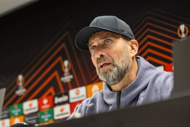 Football - UEFA Europa League - Group E - Royale Union Saint-Gilloise v Liverpool FC - MD-1 BRUSSELS, BELGIUM - Wednesday, December 13, 2023: Liverpool s manager Jürgen Klopp during a press conference, PK, Pressekonferenz at the Constant Vanden Stock Stadium ahead of the UEFA Europa League Group E matchday 6 game between Royale Union Saint-Gilloise and Liverpool FC. (Photo by David Rawcliffe Propaganda) BRUSSELS Constant Vanden Stock Stadium BRUSSELS-CAPITOL-REGION BELGIUM  Copyright: xDavidxRawcliffex P2023-12-13-Union_SG_Liverpool_MD-1-43