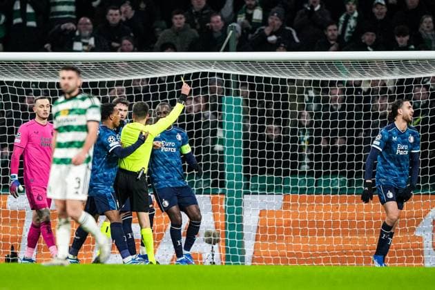 UEFA Champions League: Celtic v Feyenoord Glasgow - Referee Benoit Bastien, Ramiz Zerrouki of Feyenoord during the 6th leg of the UEFA Champions League group stage between Celtic v Feyenoord at Celtic Park on 13 December 2023 in Glasgow, Scotland. Copyright: xTomxBodex