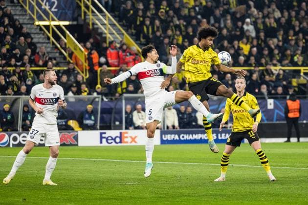 UEFA Champions League: Borussia Dortmund - FC Paris Saint-Germain; 13.12.2023 Kopfballduell Marquinhos (FC Paris Saint-Germain, 5), Karim Adeyemi (Borussia Dortmund, 27) UEFA Champions League Spieltag 6: Borussia Dortmund - FC Paris Saint-Germain, Dortmund, SIGNAL IDUNA PARK am 13.12.2023 DFL REGULATIONS PROHIBIT ANY USE OF PHOTOGRAPHS AS IMAGE SEQUENCES AND OR QUASI-VIDEO. Copyright: xBEAUTIFULxSPORTS Wunderlx