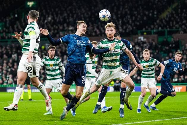 UEFA Champions League: Celtic v Feyenoord Glasgow - Thomas Beelen of Feyenoord, Liam Scales of Celtic during the 6th leg of the UEFA Champions League group stage between Celtic v Feyenoord at Celtic Park on 13 December 2023 in Glasgow, Scotland. Copyright: xYannickxVerhoevenx