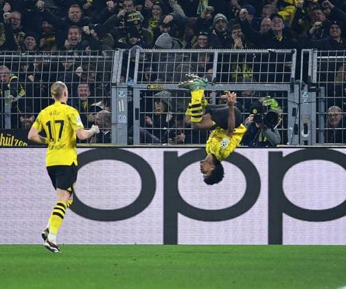 13.12.2023, Dortmund, Germany, Signal-Iduna-Park, Borussia Dortmund vs Paris Saint-Germain - UEFA Champions League 2023 2024 - Group F, Karim Adeyemi (Borussia Dortmund) Torjubel, jubelt nach seinem Treffer zum 1:0 (Foto Ralf Treese) Dortmund Signal-Iduna-Park North Rhine-Westphalia Germany