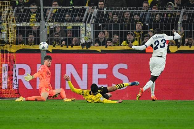 Randal Kolo Muani 23 (Paris Saint-Germain) scheitert an Gregor Kobel 1 (Borussia Dortmund), Borussia Dortmund vs. Paris Saint-Germain, Fussball, Champions League, Gruppenphase, 13.12.2023 Dortmund Nordrhein-Westfalen Deutschland