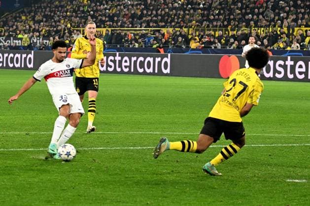 13.12.2023, xsltx, Fussball UEFA Champions League, Borussia Dortmund - Paris St.Germain PSG emspor, v.l. Waren Zaire-Emery (FC Paris Saint-Germain) erzielt das Tor zum scores the goal 1:1 (DFL DFB REGULATIONS PROHIBIT ANY USE OF PHOTOGRAPHS as IMAGE SEQUENCES and or QUASI-VIDEO) Dortmund