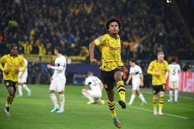 Jubel 1:0 Karim Adeyemi (Borussia Dortmund) 13.12.2023, Fussball Champions League, Saison 2023 2024, Vorrunde, 6. Spieltag, Borussia Dortmund - Paris Saint Germain Dortmund Signal Iduna Park Nordrhein Westfalen Deutschland