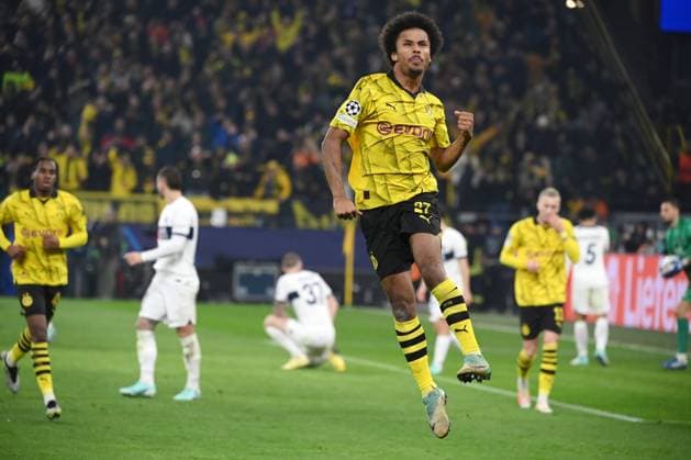 Jubel 1:0 Karim Adeyemi (Borussia Dortmund) 13.12.2023, Fussball Champions League, Saison 2023 2024, Vorrunde, 6. Spieltag, Borussia Dortmund - Paris Saint Germain Dortmund Signal Iduna Park Nordrhein Westfalen Deutschland