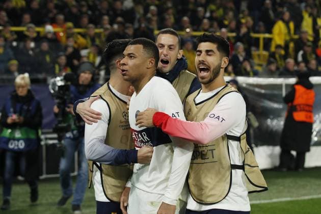 DORTMUND - Kylian Mbappe of Paris Saint-Germain celebrates the later disallowed 1-2 during the UEFA Champions League Group F match between Borussia Dortmund and Paris Saint-Germain at Signal Iduna Park on December 13, 2023 in Dortmund, Germany. ANP Hollandse Hoogte Bart Stoutjesdijk UEFA Champions League 2023 24 2023 2024 xVIxANPxSportx xBartxStoutjesdijkxIVx 486227743 originalFilename: 486227743.jpg