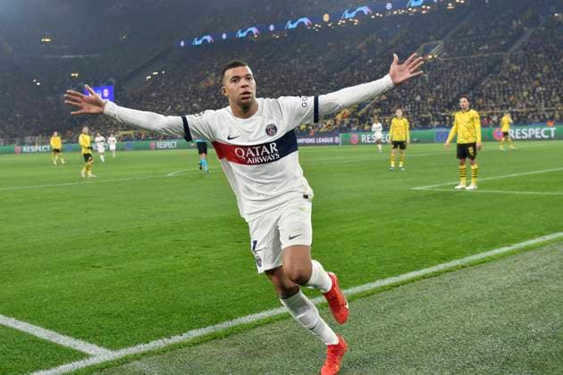 Kylian Mbappe ( 7, Paris Saint-Germain) jubelt nach dem Tor zum 1:2 das durch VAR nicht anerkannt wurde. 13.12.2023 Fussball, Champions League, Borussia Dortmund vs Paris St. Germain, Signal Iduna Park, Dortmund, NRW Germany