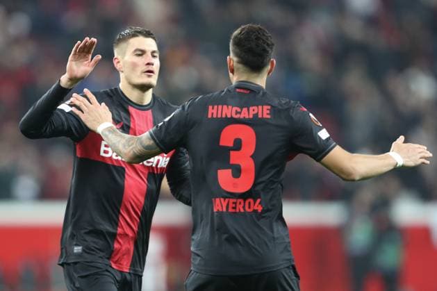 Germany, Leverkusen, 14.12.2023, BayArena, Bayer Leverkusen vs Molde FK - UEFA Europa League 2023 2024 - Group H, Patrick Schick (Bayer 04 Leverkusen) celebrates after scoring his team s first goal with teammates Leverkusen BayArena North Rhine-Westfalia Germany