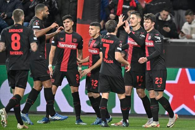 die Mannschaft von Leverkusen Jubel Freude Emotion Torjubel Torschuetze Torschütze Patrik Schick ( 14, Bayer Leverkusen) 14.12.2023 Fussball Europa League, Bayer 04 Leverkusen vs Molde FK, BayArena, Leverkusen, NRW Germany