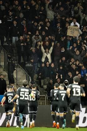 231214 Fans of Qarabag celebrate the 1-0 goal during the UEFA Europa League match between Qarabag and Häcken on December 14, 2023 in Baku. Photo: Carl Sandin BILDBYRAN kod CS CS0469 fotboll football soccer fotball uefa europa league qarabag häcken bbeng jubel. Copyright: CARLxSANDIN BB231214CS042