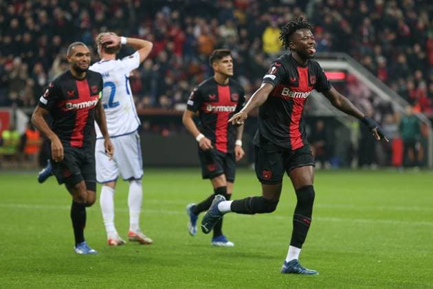 Germany, Leverkusen, 14.12.2023, BayArena, Bayer Leverkusen vs Molde FK - UEFA Europa League 2023 2024 - Group H, Edmond Tapsoba (Bayer 04 Leverkusen) celebrates after scoring his team s second goal Leverkusen BayArena North Rhine-Westfalia Germany