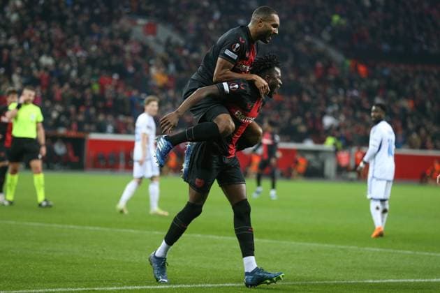 Germany, Leverkusen, 14.12.2023, BayArena, Bayer Leverkusen vs Molde FK - UEFA Europa League 2023 2024 - Group H, Edmond Tapsoba (Bayer 04 Leverkusen) celebrates after scoring his team s second goal with teammates Leverkusen BayArena North Rhine-Westfalia Germany