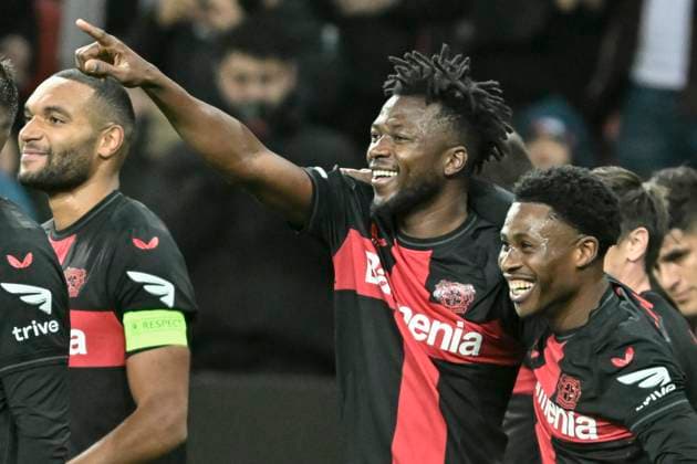 Edmond Tapsoba ( 12, Bayer Leverkusen) jubelt nach dem Tor zum 2:0 14.12.2023 Fussball Europa League, Bayer 04 Leverkusen vs Molde FK, BayArena, Leverkusen, NRW Germany