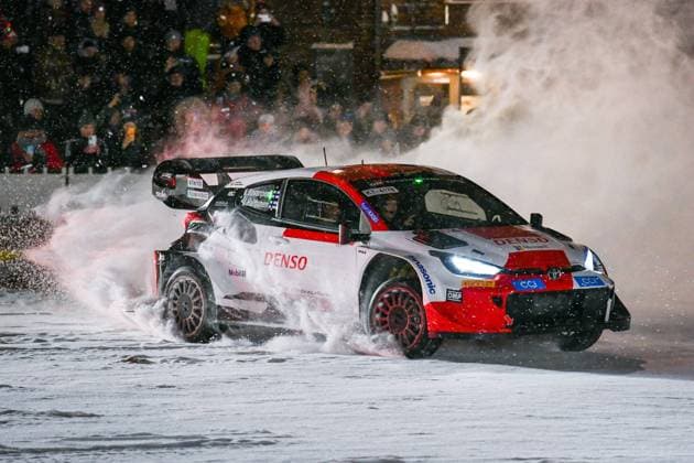 Sport Themen der Woche KW50 Sport Bilder des Tages Finland s driver Kalle Rovanperä (R) and his co-driver Jonne Halttunen of Toyota Gazoo Racing WRT show their driving skills during an open celebration to Rovanperä s second straight World Rally title in their hometown Jyväskylä, Central Finland on Thursday, 14th Dec., 2023. Jyväskylä Finland LKKTF20231214201549SBSB  Copyright: xTanelixNiinimäkix LKKTF20231214201549SBSB