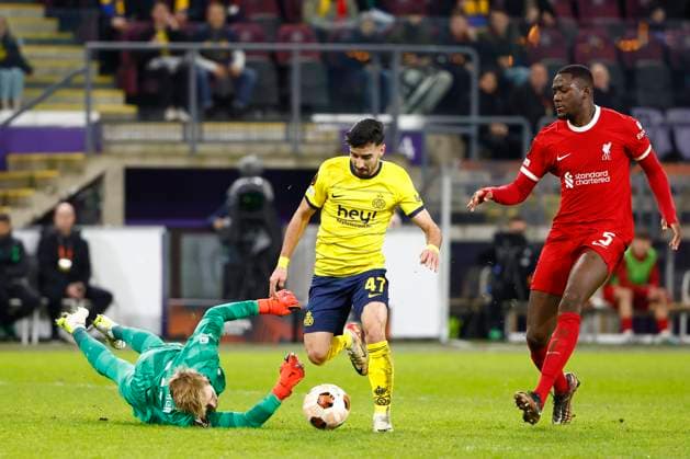 Union SG v Liverpool FC - UEFA Europa League BRUSSELS, BELGIUM - DECEMBER 14 : Amoura Mohamed El Amine forward of Union St-Gilloise celebrates after scoring pictured during the UEFA Europa League Group E match between Union SG and Liverpool at the Anderlecht stadium on December 14, 2023 in Brussels, Belgium, 14 12 2023 Brussels Belgium  Copyright: xJanxDexMeuleneirx