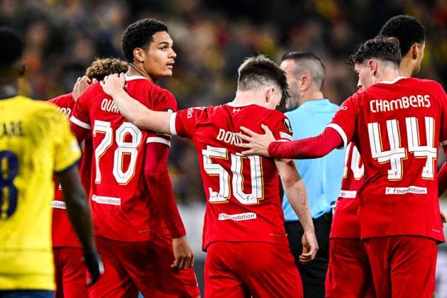 BRUSSELS - (l-r) Jarell Quansah of Liverpool FC, Ben Doak of Liverpool FC, Luke Chambers of Liverpool FC celebrate the 1-1 during the UEFA Europa League group E match between R. Union Sint Gillis and Liverpool FC at the Lotto Park stadium on December 14, 2023 in Brussels, Belgium. ANP Hollandse Hoogte UEFA Europa Europa League 2023 24 2022 2023 xVIxANPxSportx xGerritxvanxKeulenxIVx 486292881 originalFilename: 486292881.jpg