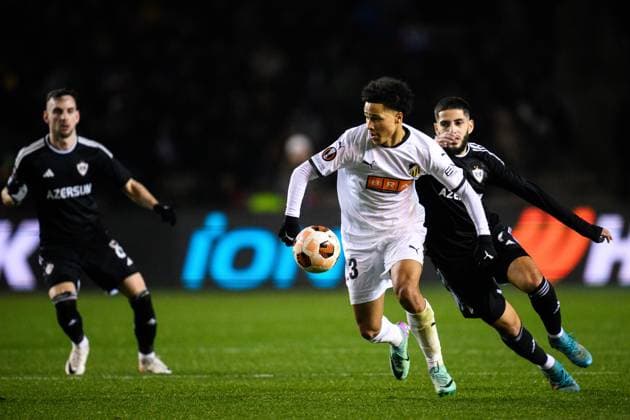 231214 Momodou Lamin Sonko of Häcken during the UEFA Europa League match between Qarabag and Häcken on December 14, 2023 in Baku. Photo: Carl Sandin BILDBYRAN kod CS CS0469 fotboll football soccer fotball uefa europa league qarabag häcken bbeng Copyright: CARLxSANDIN BB231214CS062