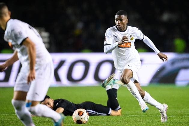 231214 Akoua Romeo Amane of Häcken during the UEFA Europa League match between Qarabag and Häcken on December 14, 2023 in Baku. Photo: Carl Sandin BILDBYRAN kod CS CS0469 fotboll football soccer fotball uefa europa league qarabag häcken bbeng Copyright: CARLxSANDIN BB231214CS066
