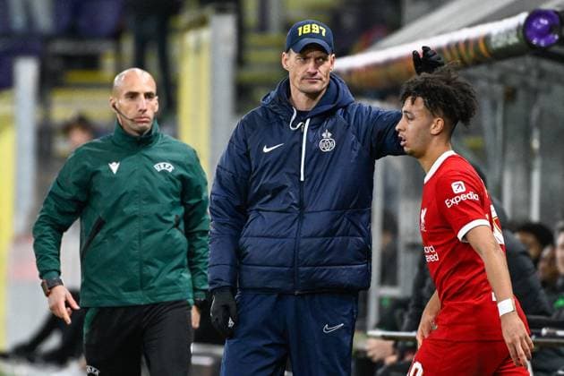 Union s head coach Alexander Blessin pictured during a game between Belgian soccer team Royale Union Saint Gilloise and English club Liverpool FC, on Thursday 14 December 2023 in Brussels, on the sixth and last day of the group phase of the UEFA Europa League competition, in group E. LAURIExDIEFFEMBACQ  x82341197x