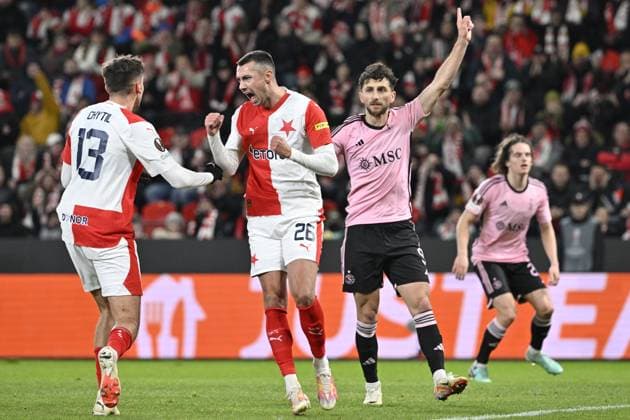 Ivan Schranz of Slavia, 2nd from left, celebrates a goal during the UEFA Europa League 6th round Group G football match Slavia Praha vs Servette Geneva in Prague, Czech Republic, December 14, 2023. (CTKxPhoto VitxSimanek) CTKPhotoP2023121407635  CTKPhotoP2023121407635