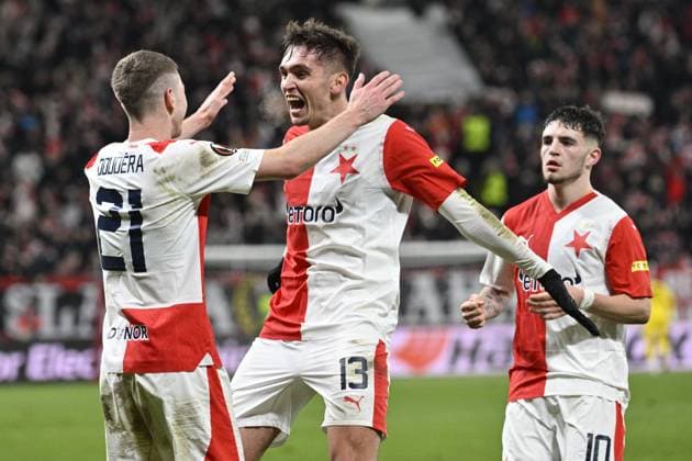 Mojmir Chytil of Slavia, center, celebrates a goal during the UEFA Europa League 6th round Group G football match Slavia Praha vs Servette Geneva in Prague, Czech Republic, December 14, 2023. (CTKxPhoto VitxSimanek) CTKPhotoP2023121407671  CTKPhotoP2023121407671
