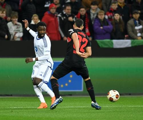 14.12.2023, Leverkusen, Germany, BayARENA, Bayer Leverkusen vs Molde FK - UEFA Europa League 2023 2024 - Group H, Eric Kitolano (Molde FK) und Gustavo Puerta (Bayer 04 Leverkusen) im Zweikampf (Foto Ralf Treese) Leverkusen BayARENA North Rhine-Westphalia Germany