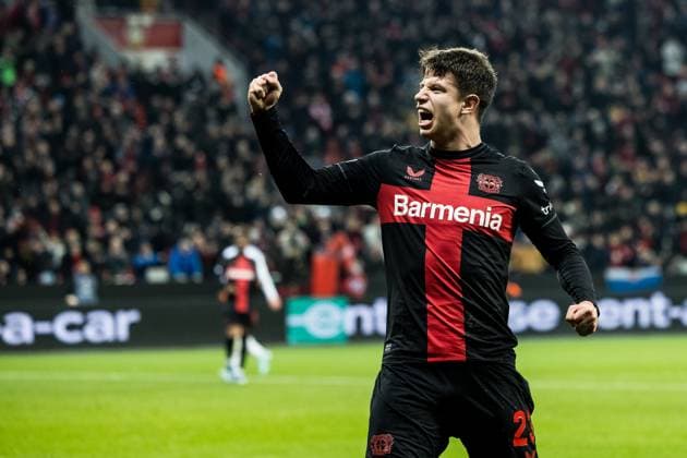 UEFA Europa League: Bayer 04 Leverkusen - Molde FK; 14.12.2023 Jubel zum 4:0 durch Adam Hlozek (Bayer 04 Leverkusen, 23) UEFA Europa League 6. Spieltag: Bayer 04 Leverkusen - Molde FK, BayArena Leverkusen am 14.12.2023 DFL REGULATIONS PROHIBIT ANY USE OF PHOTOGRAPHS AS IMAGE SEQUENCES AND OR QUASI-VIDEO. Copyright: xBEAUTIFULxSPORTS Wunderlx