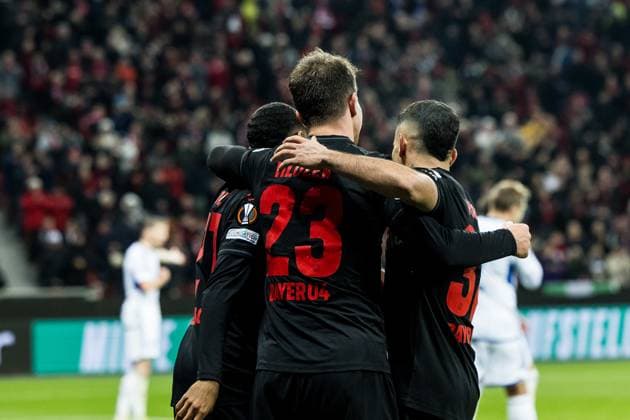 UEFA Europa League: Bayer 04 Leverkusen - Molde FK; 14.12.2023 Jubel zum 4:0 durch Adam Hlozek (Bayer 04 Leverkusen, 23) UEFA Europa League 6. Spieltag: Bayer 04 Leverkusen - Molde FK, BayArena Leverkusen am 14.12.2023 DFL REGULATIONS PROHIBIT ANY USE OF PHOTOGRAPHS AS IMAGE SEQUENCES AND OR QUASI-VIDEO. Copyright: xBEAUTIFULxSPORTS Wunderlx