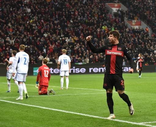 14.12.2023, Leverkusen, Germany, BayARENA, Bayer Leverkusen vs Molde FK - UEFA Europa League 2023 2024 - Group H, Adam Hlozek (Bayer 04 Leverkusen) Torjubel, jubelt nach seinem Treffer zum 4:0 (Foto Ralf Treese) Leverkusen BayARENA North Rhine-Westphalia Germany