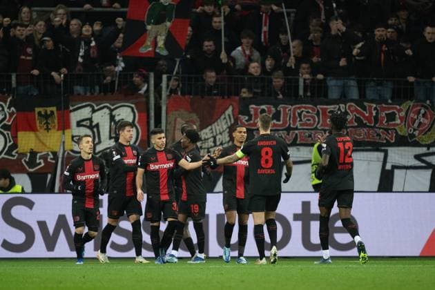 GER, EL, Bayer 04 Leverkusen vs Molde FK, Saison 2023 24, 14.12.2023, BayArena, Leverkusen, GER, EL, Bayer 04 Leverkusen vs Molde FK, Saison 2023 24, Im Bild: Jubel nach dem Tor zum 4 : 0 ;Torjubel Jubel; jubelt; jubeln; durch Adam Hlozek (Bayer 04 Leverkusen, 23) Gustavo Puerta (Bayer 04 Leverkusen, 32) Amine Adli (Bayer 04 Leverkusen, 21) Gestik, Mimik, Emotionen;