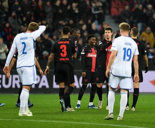 14.12.2023, Leverkusen, Germany, BayARENA, Bayer Leverkusen vs Molde FK - UEFA Europa League 2023 2024 - Group H, Adam Hlozek (Bayer 04 Leverkusen) Torjubel, jubelt mit seiner Mannschaft nach dem Treffer zum 5:0 (Foto Ralf Treese) Leverkusen BayARENA North Rhine-Westphalia Germany