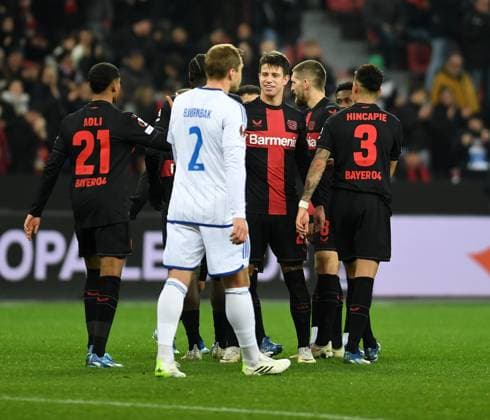 14.12.2023, Leverkusen, Germany, BayARENA, Bayer Leverkusen vs Molde FK - UEFA Europa League 2023 2024 - Group H, Adam Hlozek (Bayer 04 Leverkusen) Torjubel, jubelt mit seiner Mannschaft nach dem Treffer zum 5:0 (Foto Ralf Treese) Leverkusen BayARENA North Rhine-Westphalia Germany