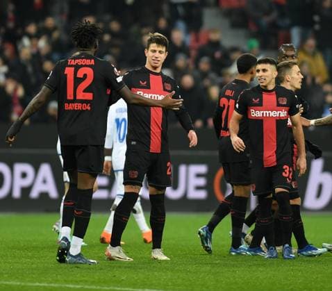 14.12.2023, Leverkusen, Germany, BayARENA, Bayer Leverkusen vs Molde FK - UEFA Europa League 2023 2024 - Group H, Adam Hlozek (Bayer 04 Leverkusen) Torjubel, jubelt mit seiner Mannschaft nach dem Treffer zum 5:0 (Foto Ralf Treese) Leverkusen BayARENA North Rhine-Westphalia Germany