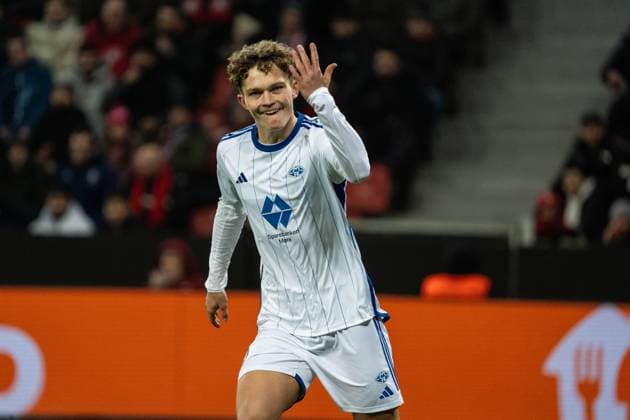 GER, UEFA Europa League 6 Spieltag, Bayer 04 Leverkusen vs Molde Fotballklubb 14.12.2023, BayArena, Leverkusen, GER, UEFA Europa League 6 Spieltag, Bayer 04 Leverkusen vs Molde Fotballklubb Im Bild: Torjubel Jubel ueber das Tor zum 5:1 durch Gustav Nyheim (Molde Fotballklubb, 50)