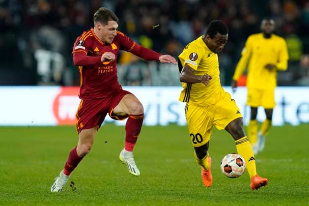 Armel Zohouri of Sheriff competes for the ball with Andrea Belotti of AS Roma during the UEFA Europa League match between AS Roma and FC Sheriff Tiraspol at Stadio Olimpico Rome Italy on 14 December 2023. Rome Stadio Olimpico Rome Italy Copyright: xPhotoxSportxPicsx SP24-786-044