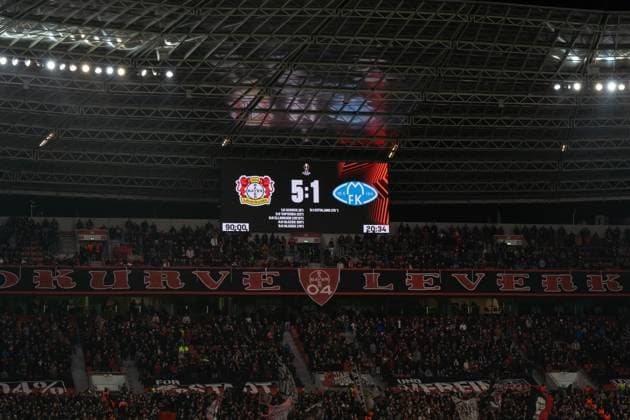 GER, UEFA Europa League 6 Spieltag, Bayer 04 Leverkusen vs Molde Fotballklubb 14.12.2023, BayArena, Leverkusen, GER, UEFA Europa League 6 Spieltag, Bayer 04 Leverkusen vs Molde Fotballklubb Im Bild: Endergebnis