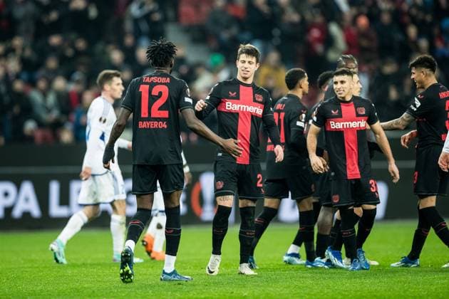UEFA Europa League: Bayer 04 Leverkusen - Molde FK; 14.12.2023 Jubel zum 5:0 durch Adam Hlozek (Bayer 04 Leverkusen, 23) UEFA Europa League 6. Spieltag: Bayer 04 Leverkusen - Molde FK, BayArena Leverkusen am 14.12.2023 DFL REGULATIONS PROHIBIT ANY USE OF PHOTOGRAPHS AS IMAGE SEQUENCES AND OR QUASI-VIDEO. Copyright: xBEAUTIFULxSPORTS Wunderlx